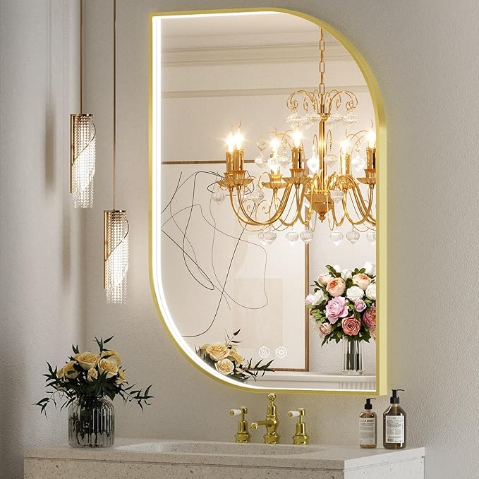 24X36 Inch LED Mirror for Bathroom with Lights,Gold Frame Lighted Irregular Asymmetrical Unique Vanity Wall Mirror,Anti-Fog,Dimmable