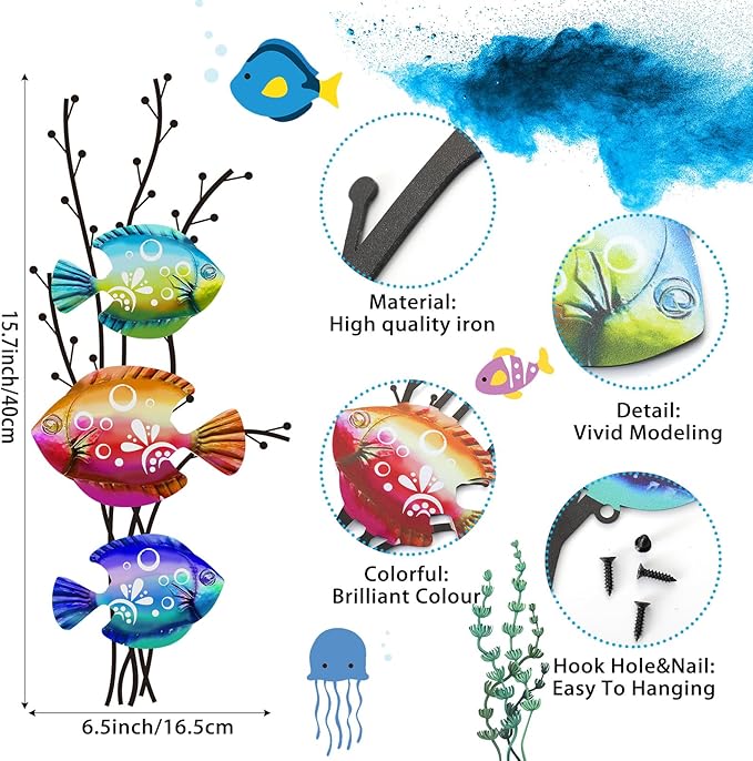 Landhoow 2 Pcs Coastal Wall Decor Metal Fish Wall Art Beach Ocean Sea Tropical Fish Art Nautical Hanging Sculpture for Summer Party Favor Indoor Outdoor Bedroom Living Room Kitchen