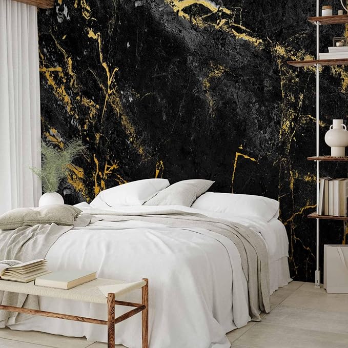 artgeist XXL Peel and Stick Self-Adhesive Wallpaper - Removable Large Sticker Wall Decor - Abstract 3D Golden Black Marble Like Foil Wall Mural - 96x69 in