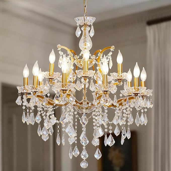 Antique Gold Crystal Chandeliers, Luxury Polished Golden Bronze Candle Pendant Ceiling Light Fixture, 15 Lights Golden Crystal Chandelier for Dining Room Living Room Bedroom Foyer