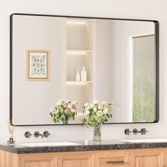 Keonjinn Black Mirror for Bathroom Sink 55 x 36 Inch Large Rounded Rectangle Bathroom Vanity Mirror, Matte Black Farmhouse Mirror, Anti-Rust, Shatter-Proof HD Tempered Glass(Horizontal/Vertical)