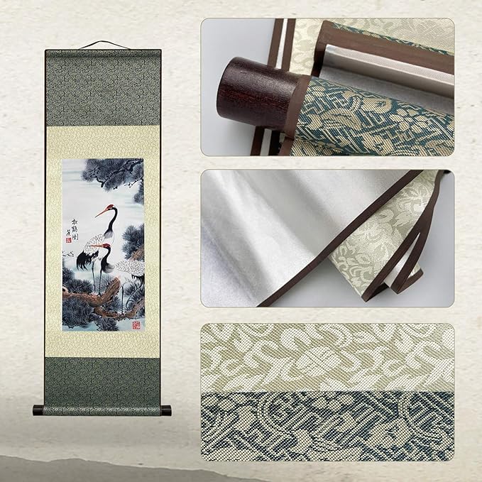 AtfArt Asian Wall Silk Scrolls Decor Beautiful Painting White Crane - Red Crowned Crane - Grus Japonensis Oriental Decor Chinese Art Wall Scroll Wall Hanging Painting Scroll (36.2x 12 in)