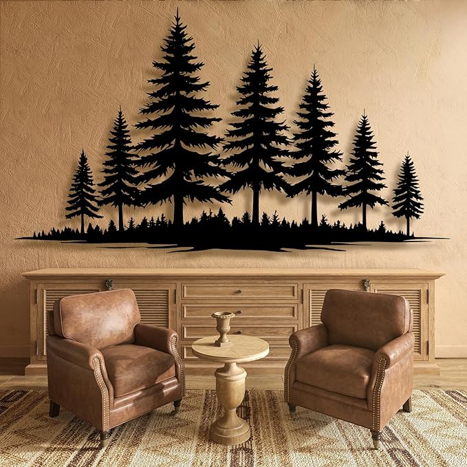 lunwall Metal Pine Tree Wall Art, Metal Forest Wall Art, Pine Branch Wall Decor, Christmas Tree Wall Decor, Forest Wall Hanging, Nature Lover Gift (Style 2, 35" W x 20" H / 90 x 51 cm)
