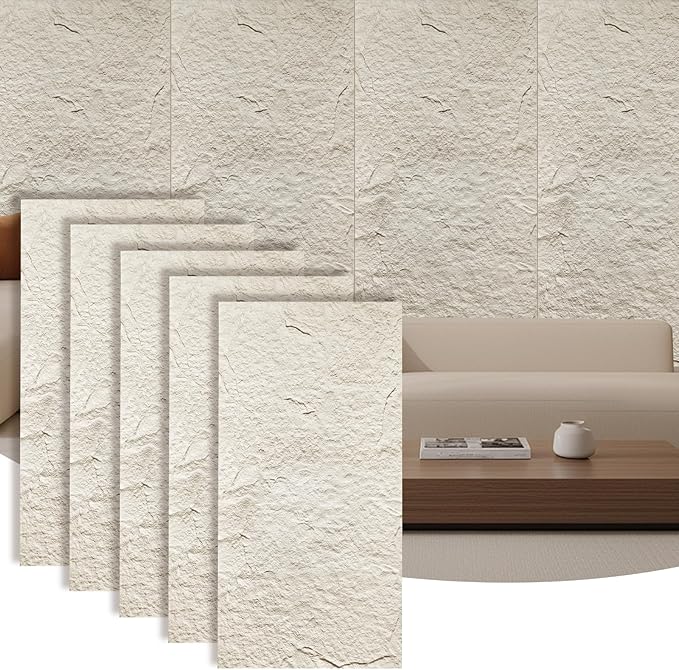 5-Pack 3D Faux Stone Wall Panels, PU Cement-Texture Wainscoting Panels for Interior Walls – Waterproof & Lightweight, Covers 38.7 Sq.Ft, 47.2" x 23.6", for TV Wall, Office, Living Room,White