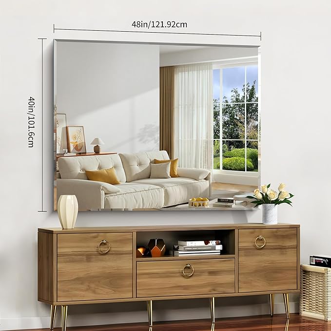 Beveled Bathroom Mirror, 40x48 Inch Large Frameless Mirrors for Wall, Upgraded Shatterproof Rectangle Beveled Vanity Mirror Hangs Horizontally/Vertically for Bedroom, Living Room and Entryway