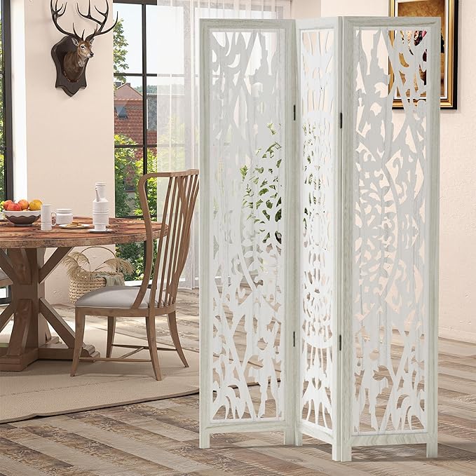 Casaphoria 3 Panels Room Divider, Folding Screen Room Divider with Carved Floral Pattern for Home Office, Restaurant and Bedroom, Paulownia Wood, 47" W x 67" H (White)