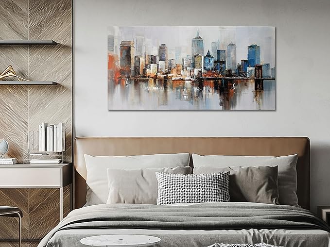 Arjun Brooklyn Bridge Wall Art Modern New York City Abstract Canvas Cityscape Painting Large Size Framed, Colorful NYC Skyline Textured Picture for Living Room Bedroom Home Office Wall Decor, 40"x20"