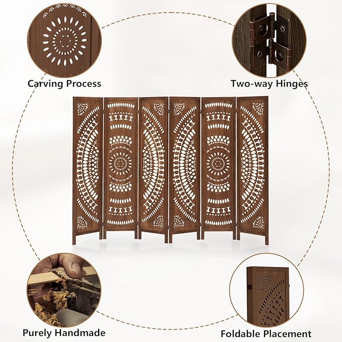 Boho 6 Panel Room Divider, Room Dividers and Folding Privacy Screens, Modern Room Partition, 67" Room Divider Wall, Privacy Dividers for Rooms, Bedroom, Office, Dark Brown