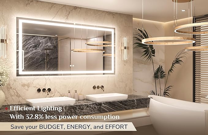 Keonjinn LED Bathroom Mirror 55 ” x 30 ” with Frontlit & Backlit, Lighted Mirror for Bathroom Wall with Dimmable 3-Color Lights, Anti-Fog Mirror with HD Tempered Glass, UL-Listed LED Driver