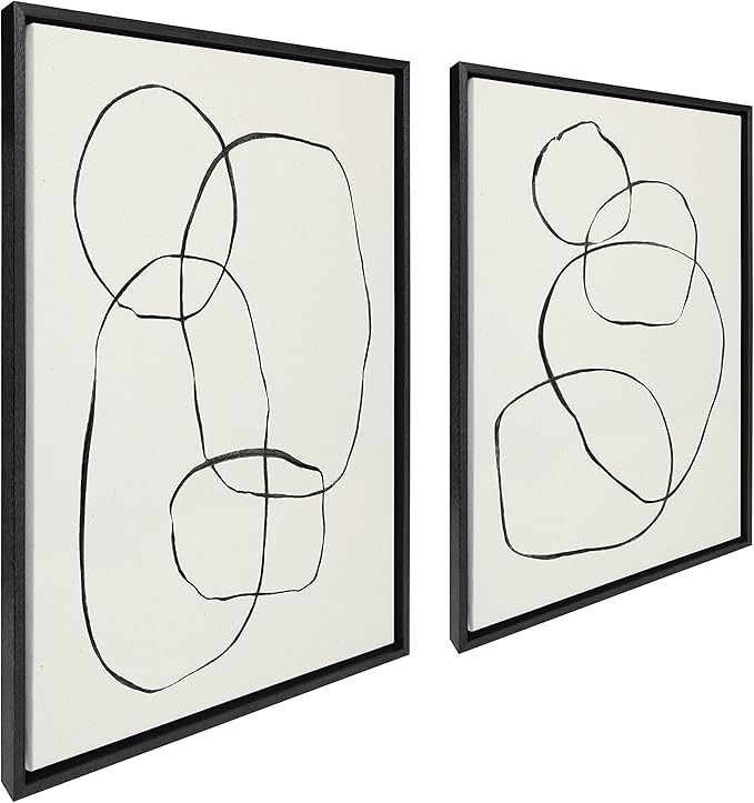 Kate and Laurel Sylvie Modern Circles and Going in Circles Framed Linen Textured Canvas Wall Art Set by Teju Reval of SnazzyHues, 2 Piece 23x33 Black, Decorative Abstract Art Prints for Wall
