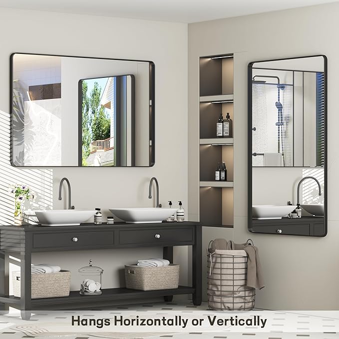40x30 Inch Black Framed Bathroom Mirror for Wall, Matte Metal Framed Wall Mirror, Rounded Rectangle Bathroom Vanity Mirror, Tempered Glass, Anti-Rust, Shatterproof (Horizontal/Vertical)