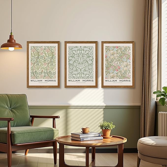 JLTULT 3 Piece Wood Frames Vintage Floral Canvas Wall Art, William Morris Flower Pattern Wall Decor, Nature Botanical Picture Artwork Prints for Living Room Bedroom Office 16x24 inch Easy to hang