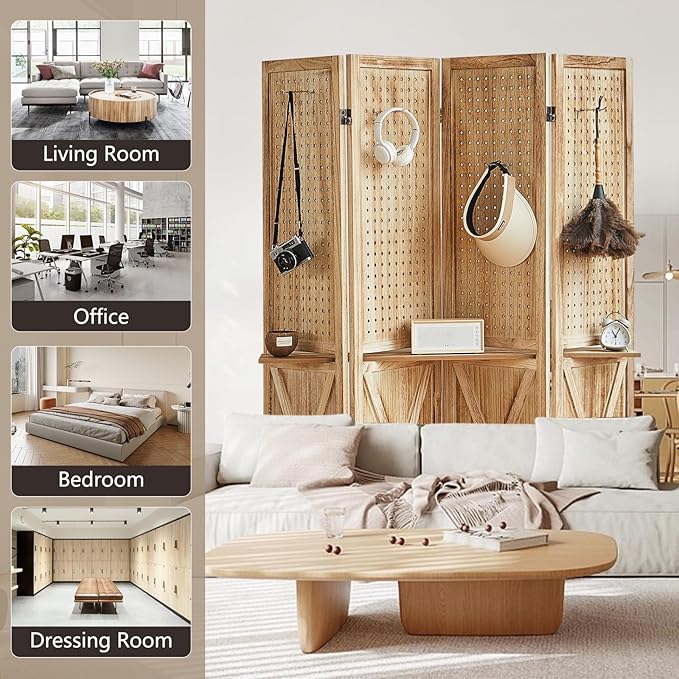 4 Panel Pegboard Room Divider with Shelves, Wood Room Divider and Folding Privacy Screen, Peg Board Display Stand Wall Divider for Room Separation for Craft Shows Events Retail, Natural