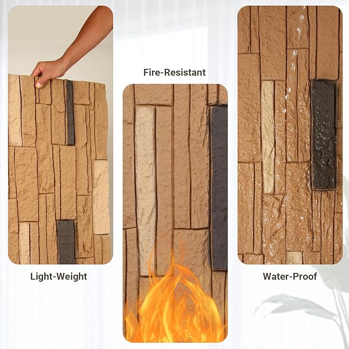 OUZUGIE 4 PCS Faux Stone Wall Panel 47.2’’ x 23.6’’ Interior Exterior Wall Decor 3D PU Panel with Brick Stone Design Light Brown