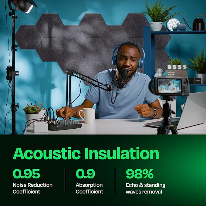 Acoustic Panels 12-Pack - 12"X10.4"X0.4" Sound Panels - High Density Sound Dampening - Pebble Gray Hexagon