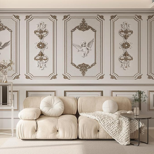Large 3D Wallpaper Peel and Stick Vintage Rococo Style Architecture Mural 148" W x 110" H Brown White French Embossed Stereo Wall Mural 3D Stereo Wallpaper for Living Room Bedroom Sofa Background