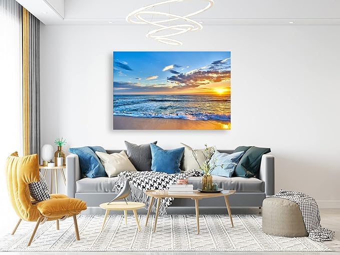 Aibonnly Wall Art Canvas Painting Seaside Sunset over the beaches 1 Piece blue sea view Ocean Picture Poster Print Framed and Stretched Ready to Hang for Living Room Bedroom Kitchen Office