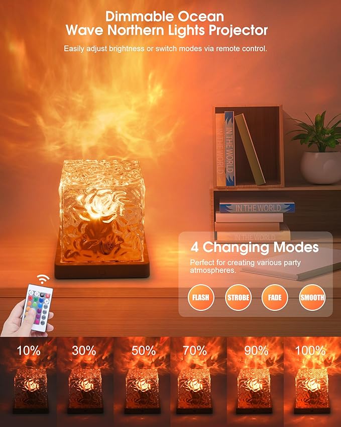 Ocean Wave Projector Light, Cordless Rechargeable,16 Colors 4 Modes Water Ripple Lamp with Touch & Remote Control for Bedroom, Northern Lights Cube Night Light for Room Decor and Mood Lighting