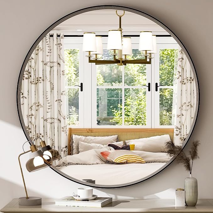 32 Inch Round Bathroom Mirror - Wall Mounted Circle Mirror with Metal Frame, Modern Home Suitable for Bathroom, Vanity, Entryway, Living Room, Wall Decor,Black