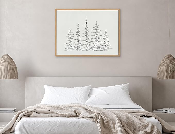 Kate and Laurel Sylvie Minimalist Evergreen Trees Sketch Framed Canvas Wall Art by The Creative Bunch Studio, 31.5x41.5 Natural, Modern Minimal Tree Line Wall Art