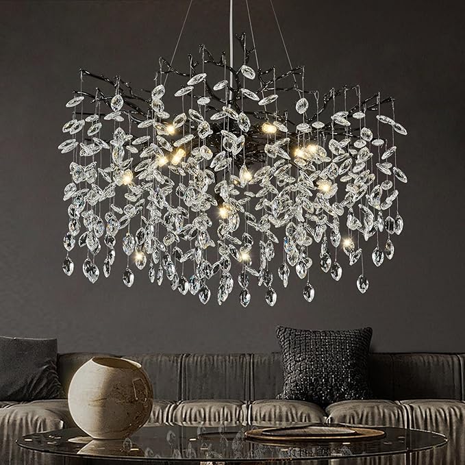 Modern Crystal Chandelier, 31.5" Black Chandeliers for Dining Room, 10 Lights Tree Branch Chandelier Lighting Fixtures Ceiling Hanging, Round Flower Chandeliers for Bedroom Entryway Foyer