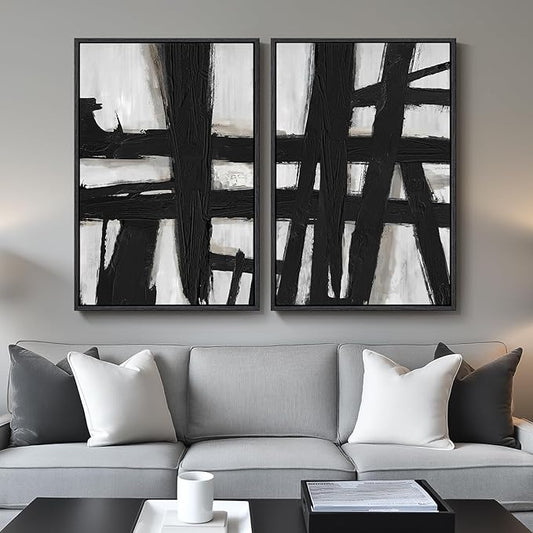 Large Framed Black and White Abstract Wall Art for Living Room, 2 Piece Modern Canvas Prints Wall Paintings Artwork for Walls, Minimalist Black Lines Pictures for Hallway Office Wall Decor 24x36 In