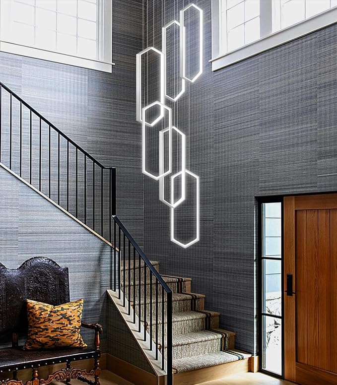 6 Rings Modern Chandelier LED Dimmable Pendant Lighting Adjust Flush Mount Ceiling Light for Foyer Lobby Living Room Staircaes Sliver 78.7''