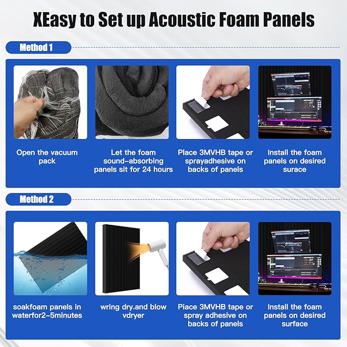 2-Pack Acoustic Foam Panels, 48" x 24" x 2" High-Density Soundproof Foam Wall Panels for Wall, Ceiling, Noise Dampening Panels for Office, Studio and Home (Black 2 Pack, 48X24X2 Inch)