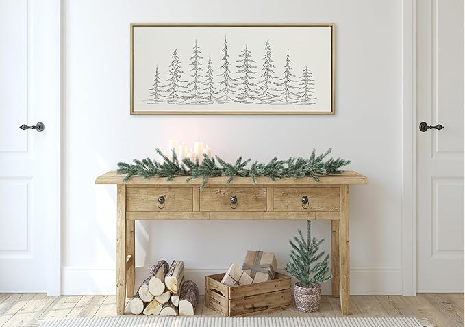 Kate and Laurel Sylvie Minimalist Evergreen Trees Sketch BW Framed Canvas Wall Art by The Creative Bunch Studio, 18x40 Bright Gold, Minimal Christmas Tree Art for Wall