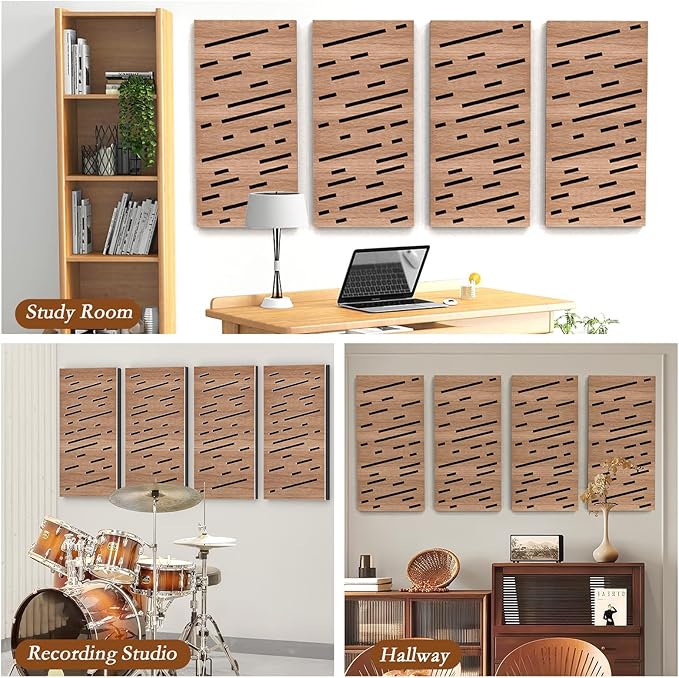 4Pack Acoustic Wall Panel, Self-Adhesive Soundproof Foam Panels for Wall, 3D Perforated Tri-Layer Polyester Fiber Decorative Acoustic Insulation for Recording Studio, Office, 24×12×1.78", Rain-Line