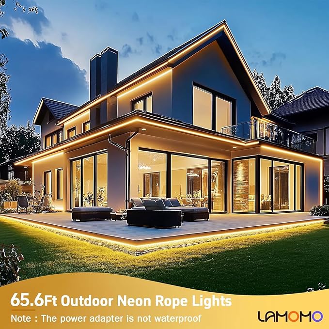 Lamomo Neon Rope Light, 24V Warm White Dimmable Rope Lights, 65.6ft Waterproof Flexible LED Strip Lights, Silicone 3000K Neon LED Strip for Bedroom Indoor Outdoor Decor