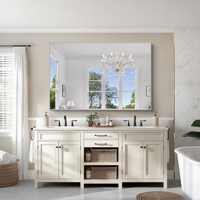 KOCUUY Silver Bathroom Mirror, 60"x40" Large Rectangle Bathroom Mirror for Wall, HD Tempered Glass, Anti-Rust Brushed Silver Frame, Modern Design for Bathroom, Bedroom, Hang Horizontal/Vertical