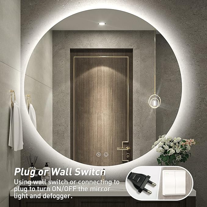40 Inch Round LED Bathroom Mirror - 6000K Daylight Backlit, Anti-Fog & Dimmable, Frameless Waterproof Mirror with Touch Control, CRI90+, IP54 for Vanity & Makeup