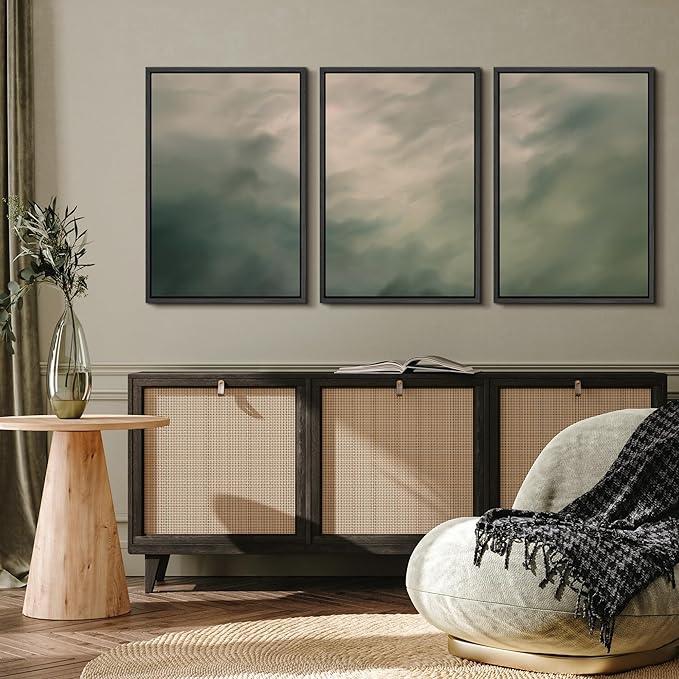 MUDECOR Framed Wall Art Print Set Soft Green Cloudscape Tranquil Abstract Nature Illustrations Modern Art Boho Decorative Colorful Chic for Living Room, Bedroom, Office - 16"x24"x3 Black