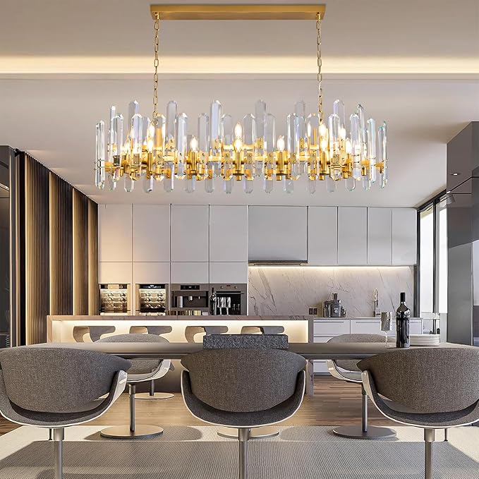 54" Modern Gold Crystal Chandelier, 24-Light Luxury Rectangular Chandelier for Dining Room, Kitchen Island, Living Room, Bedroom, Foyer, Contemporary Adjustable Chain Chandeliers K9 Light Fixture