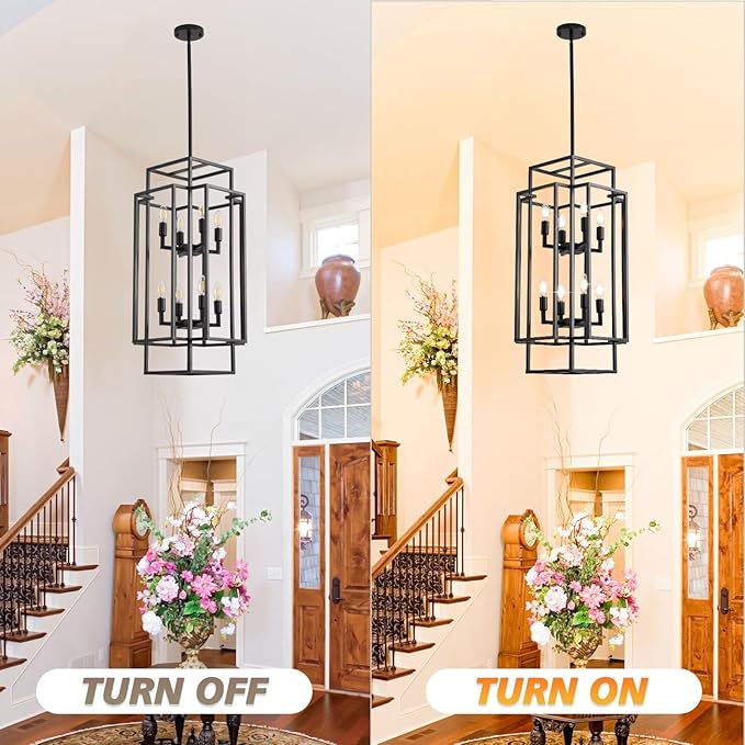 Black Farmhouse Chandelier, Large Chandeliers for High Ceilings, 8-Light Tiered Lantern Pendant Light Modern Foyer Lighting Fixtures, for Entryway Staircase