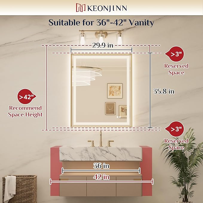 Keonjinn 30 x 36 Inch Brushed Nickel Bathroom LED Mirror, Front & Back Lighted Bathroom Mirror for Vanity, Tempered Glass, UL Listed LED Driver, Beveled Frame, 3 Color Lights, Anit-Fog, Dimmable