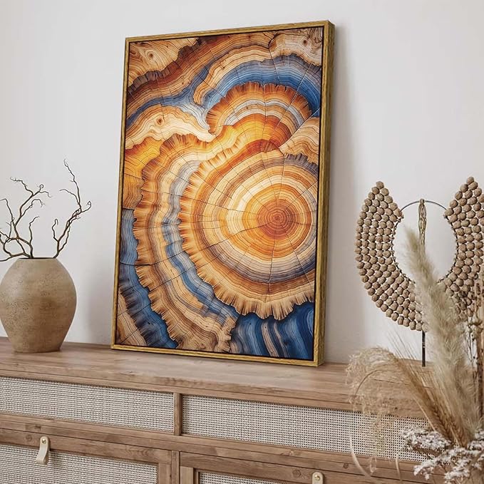 BingruiArt Framed Tree Ring Canvas Wall Art Abstract Wood Wall Decor Boho Modern Colorful Nature Painting Wood Stump Prints Pictures for Living Room Bedroom Bathroom Office 16"x24" Natural Framed(09)