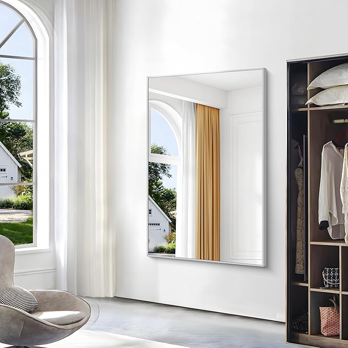 BONEWEI Silver Bathroom Mirror,55x36 inch Wall Mirror for Bathroom Wall Mounted,Large Rectangle Mirror for Bathroom Over Sink,Modern Metal Frame for Living Room,Bedroom Entryway,Horizontal/Vertical