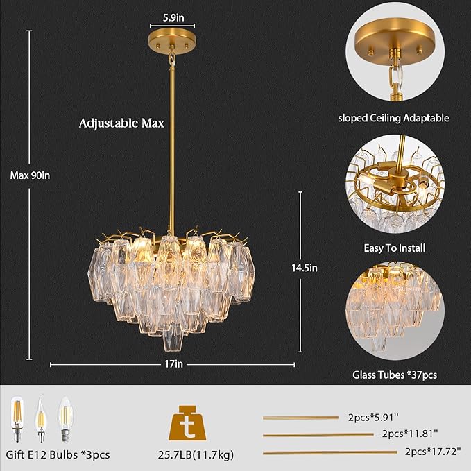 Modern Crystal Chandelier, 17'' Gold Chandeliers for Dining Room, Round Glass Crystal Brass Tiered Pendant Light Chandelier for Living Room, 3-Tier Luxury Chandeliers, Kitchen Island Light Fixture