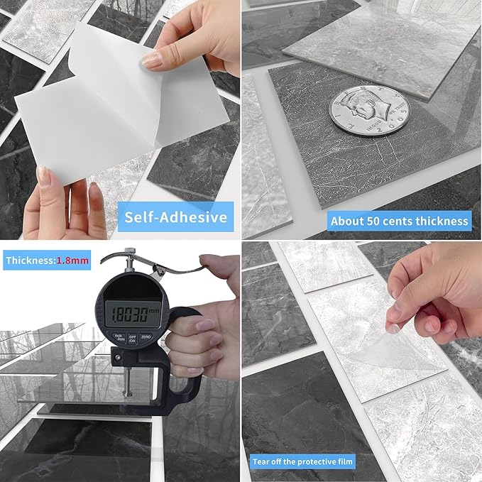 64-Pack Peel and Stick Backsplash Marble Wall Tiles, Waterproof 4" x 8" Glossy Imitation Gentleman Gray Marble, PVC Shower Wall Panels for Interior Wall Decor; Tile for Kitchen, Bathroom & Fireplace