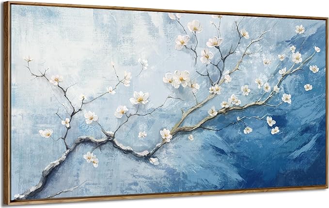 Nicetop Framed Wall Art for Living Room - Large Plum Blossom Canvas Art Prints with Wood Frame - Blue and White Artwork Abstract Ocean Wall Picture Bedroom Office Dining Room Coastal Decor 48x24 Inch