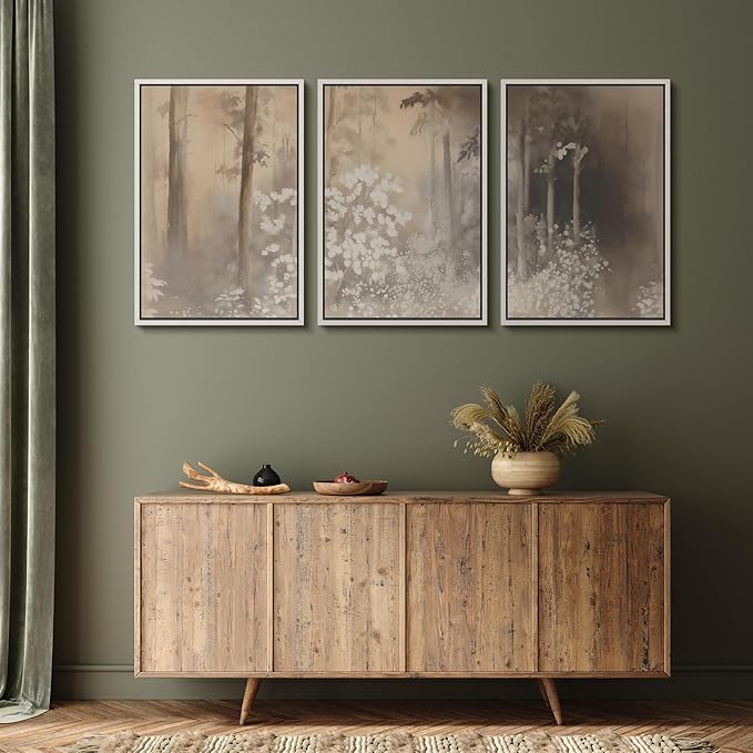 MUDECOR Framed Wall Art Print Set Neutral Forest Landscape Beige and Gray Watercolor Illustrations Realism Decorative for Living Room, Bedroom, Office - 24"x36"x3 White