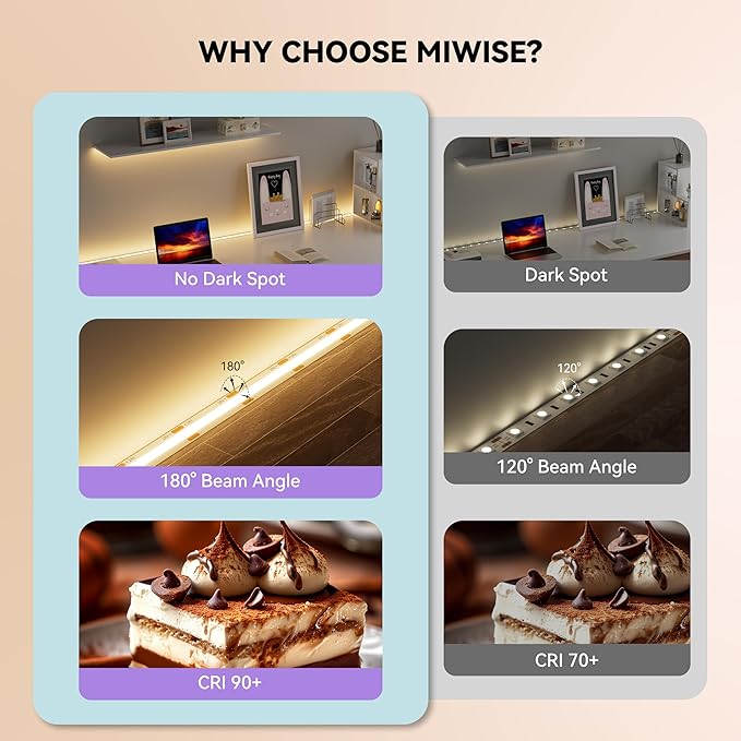 MIWISE COB LED Strip,2700K Warm White 32.8ft/10m,Dimmable Super Bright 24V LED Strip Light,CRI 90+ Flexible Tape Light with RF Remote Timer Function,for Shelf/Cabinet/Bedroom/TV DIY Lighting Project