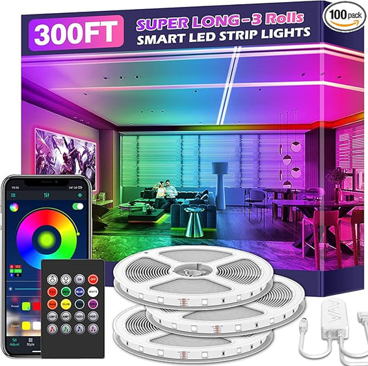 Led Strip Lights, 300ft/90m Long Smart Led Light Strips Music Sync 5050 RGB Color Changing Rope Lights,Bluetooth APP/IR Remote/Switch Box Control Led Lights for Bedroom,Home Decoration,Party,Festival