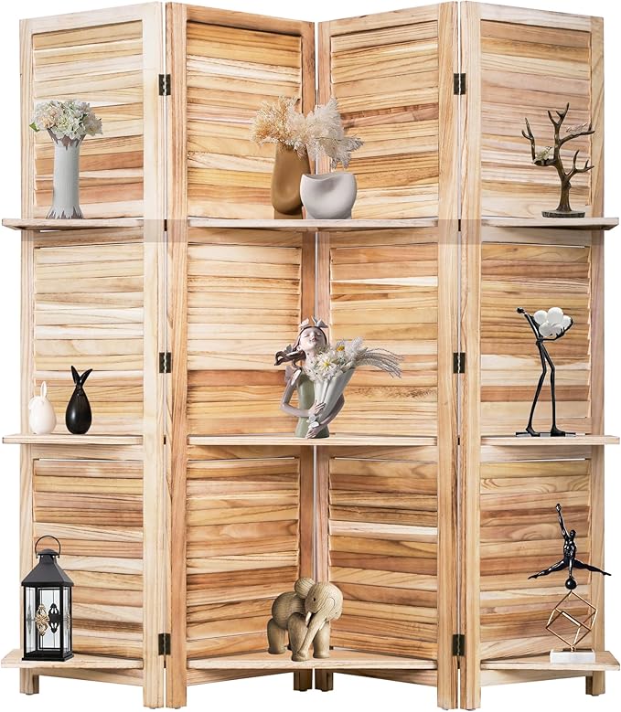 4 Panel Room Divider Folding Privacy Wooden Screen with Three Clever Shelf Portable Partition Wood Divider for Home Office, Natural