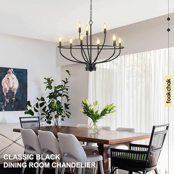 9-Light Black Chandelier Light Fixture Classic Candle Chandelier Lighting Over Table for Dining Room Living Room Bedroom Foyer Kitchen Island, 28.54in, E12