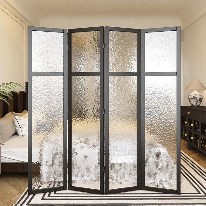 4 Panel Acrylic Room Divider Privacy Screen - Freestanding Frosted Translucent Partition, Lightweight Modern for Home Office Studio (Black, 4 Panels)