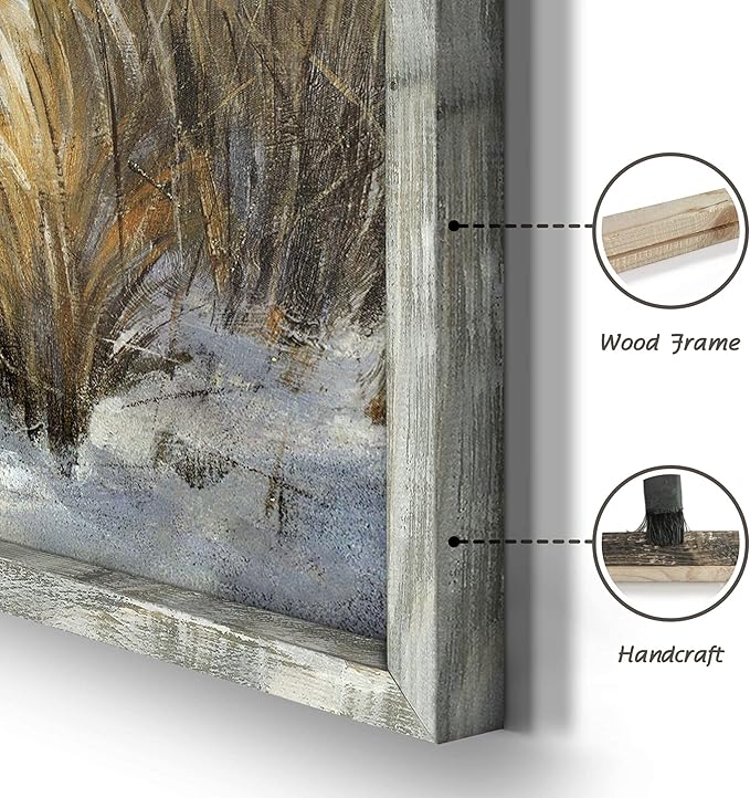 Coastal Framed Wooden Wall Art: Beach Oil Painting Style Seaside Pictures Seascape Art Prints Sand Dunes & Sailboat Artwork for Bathroom 24"x12"