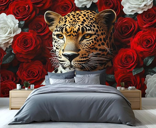 Leopard Mural Wallpaper, Floral Leopard Murals, 3D Wild Animal Murals, Wallpaper for Living Room Bedroom Boy Girl Room Home Decor Mural (Not Peel Stick)